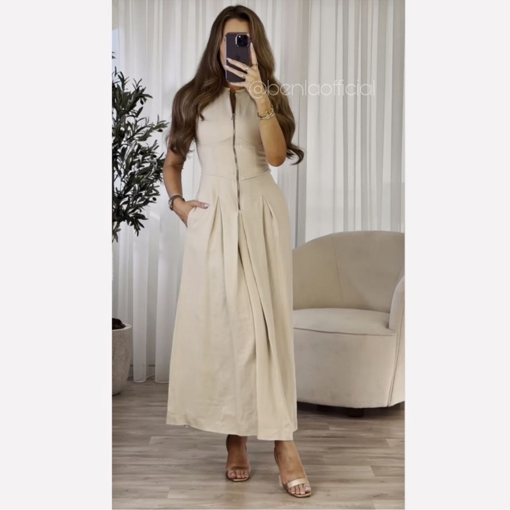 Sleeveless Zip-Front Beige Maxi Dress (NWOT)
